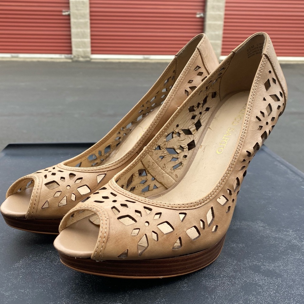 Franco Sarto L-Vial Women’s Peep Toe Tan High Heels/Pumps Size 9.5m